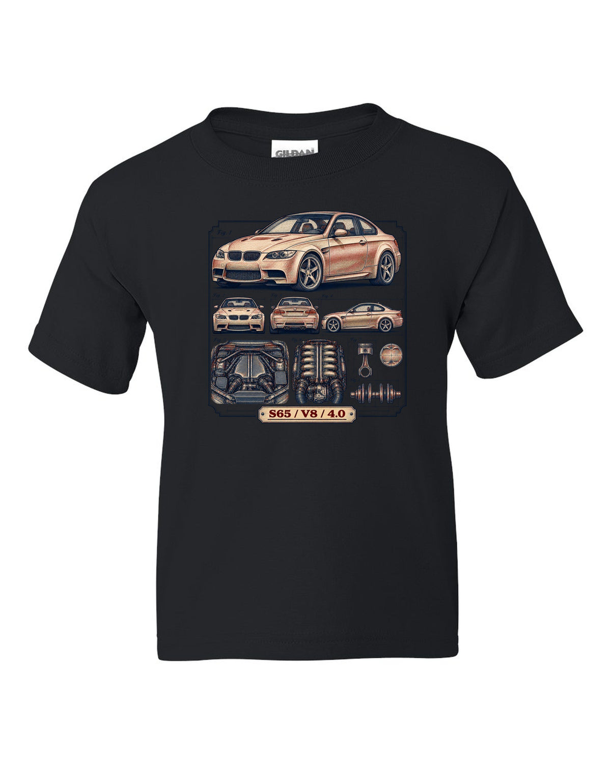 Blueprint patent line drawing of a BMW E92 M3 coupe with S65 V8 4.0 text black kids tee front view with the design