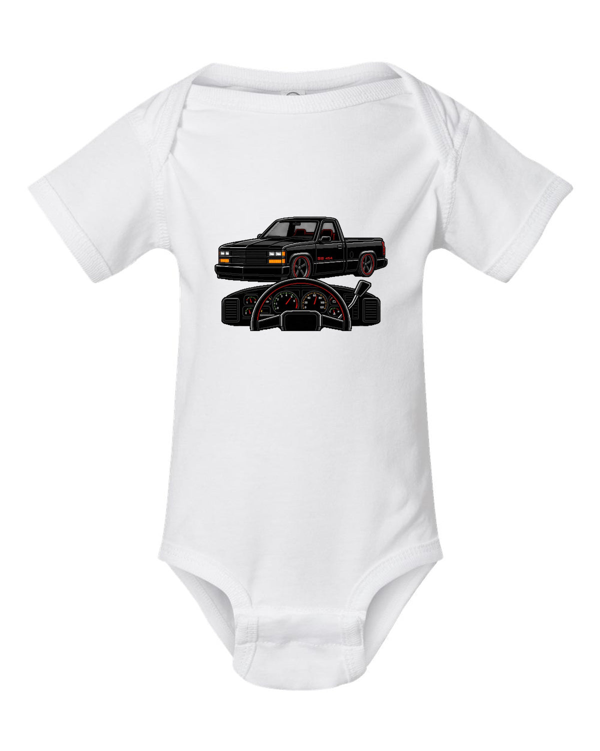 16-bit pixel art gauge print for a 1990-93 Chevrolet 454 SS pickup with SS 454 text white baby onesie front view with the design