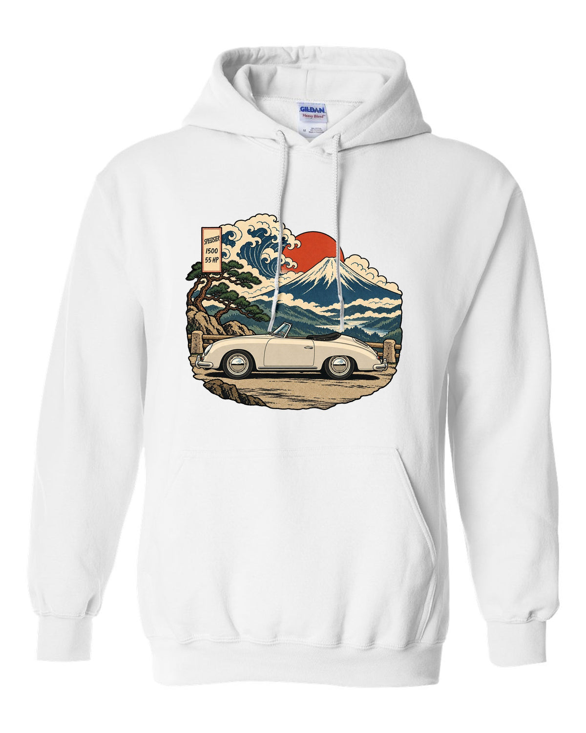 Ukiyo-e woodblock style Porsche 356 Pre-A Speedster on a mountain pass white pull over hoodie front view with the design