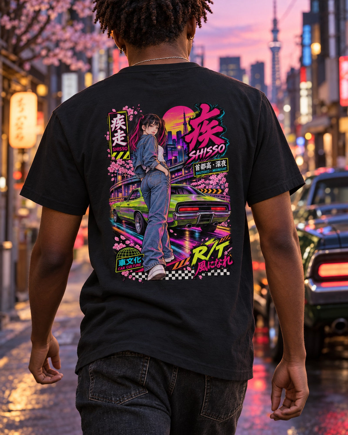 SHISSO R/T Anime Girl Full-Back Graphic Tee T-Shirt Black worn hero