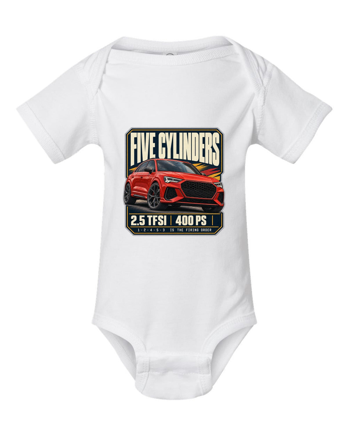 Audi RS Q3 F3 editorial headline print with five-cylinder text white baby onesie front view with the design