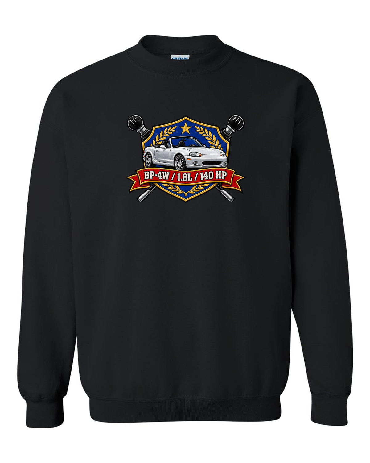 Embroidery-style shield crest of a Mazda MX-5 NB with BP-4W 1.8L 140 HP text black crewneck front view with the design