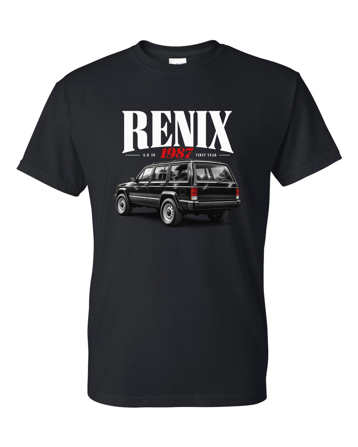 Jeep Cherokee XJ editorial headline print about the 1987 Renix 4.0 I6 black t-shirt front view with the design