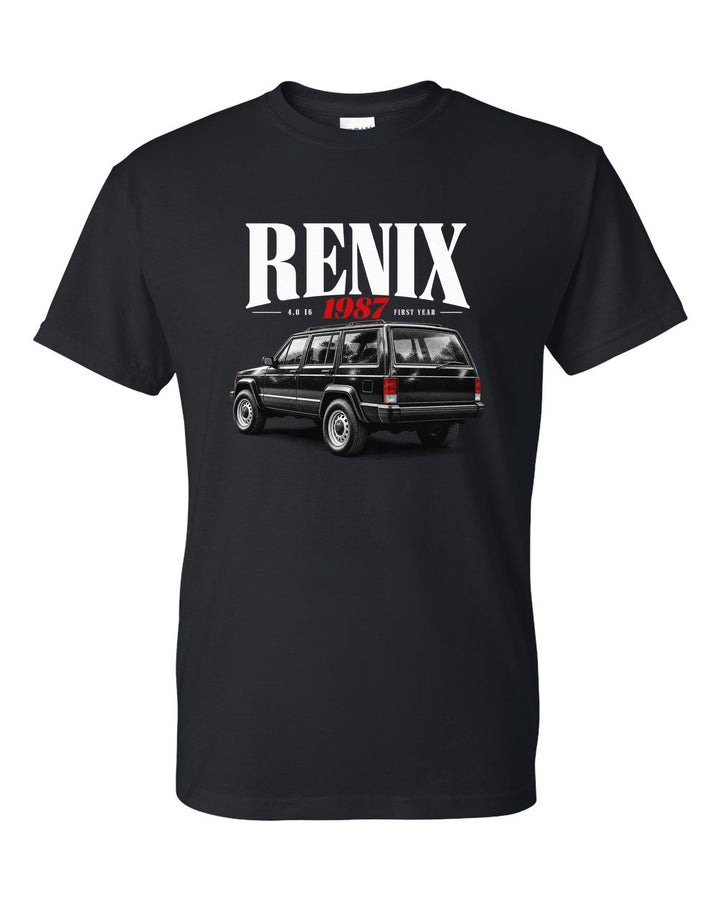Jeep Cherokee XJ editorial headline print about the 1987 Renix 4.0 I6 black t-shirt front view with the design
