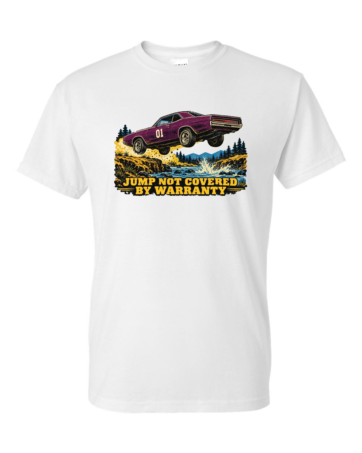Vintage screen print of an orange 1969 Dodge Charger B-body mid-jump with number 01 on the doors white t-shirt front view with the design