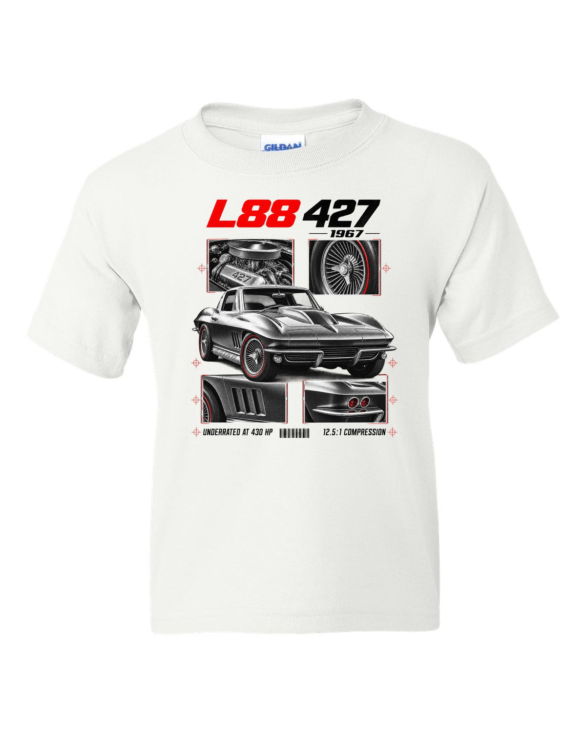 Chevrolet Corvette C2 Sting Ray 1967 L88 427 dossier print white kids tee front view with the design
