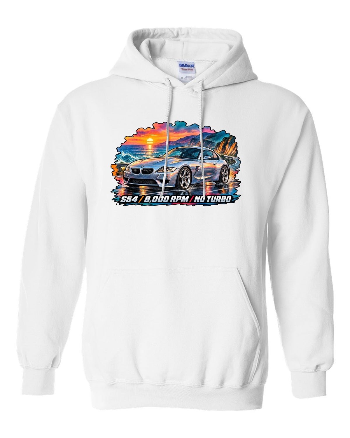 BMW Z3 M Coupe 16-bit pixel art print with Clown Shoe 3.2 text white pull over hoodie front view with the design