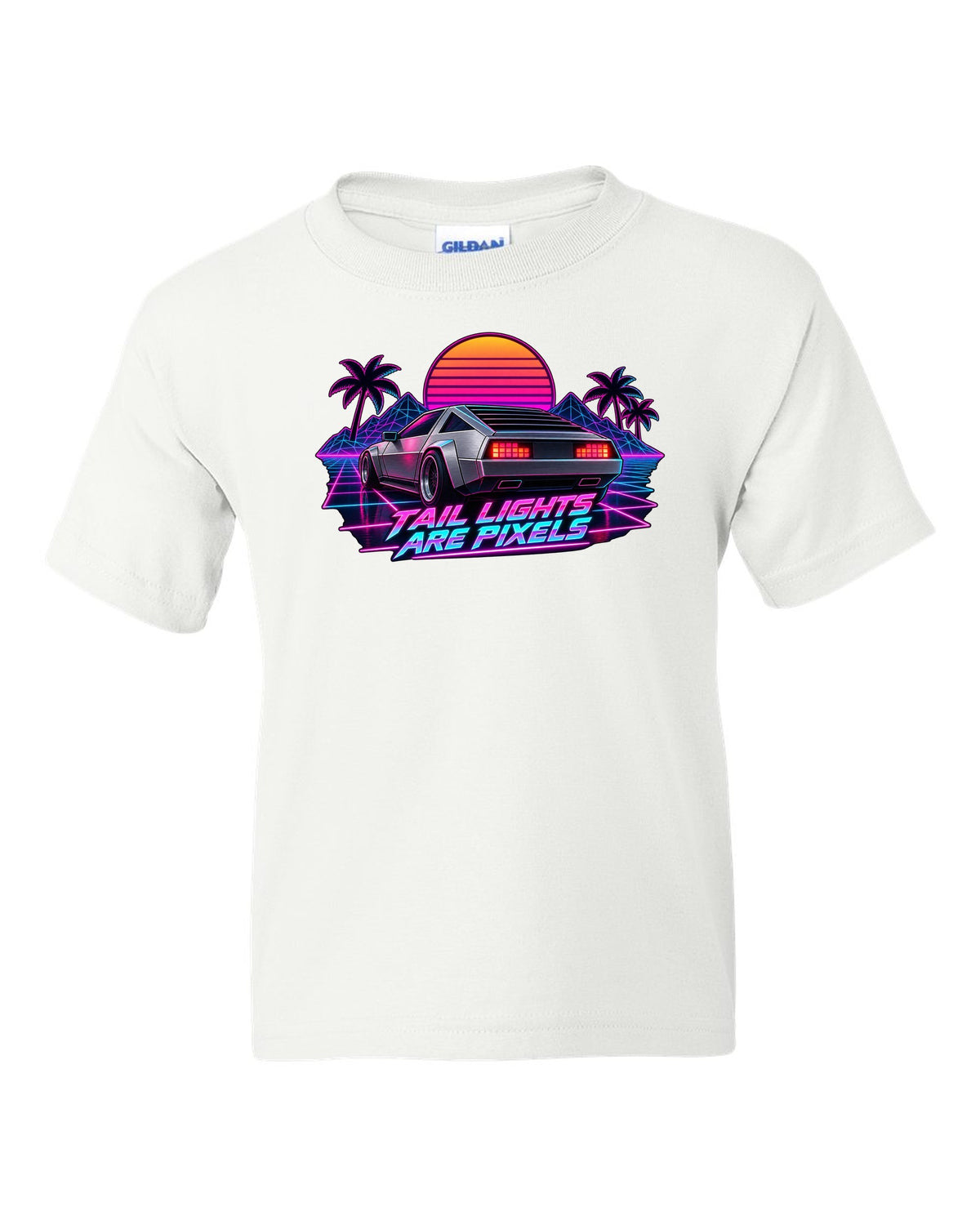 Synthwave outrun print of the Hyundai N Vision 74 concept with pixel tail lights text white kids tee front view with the design