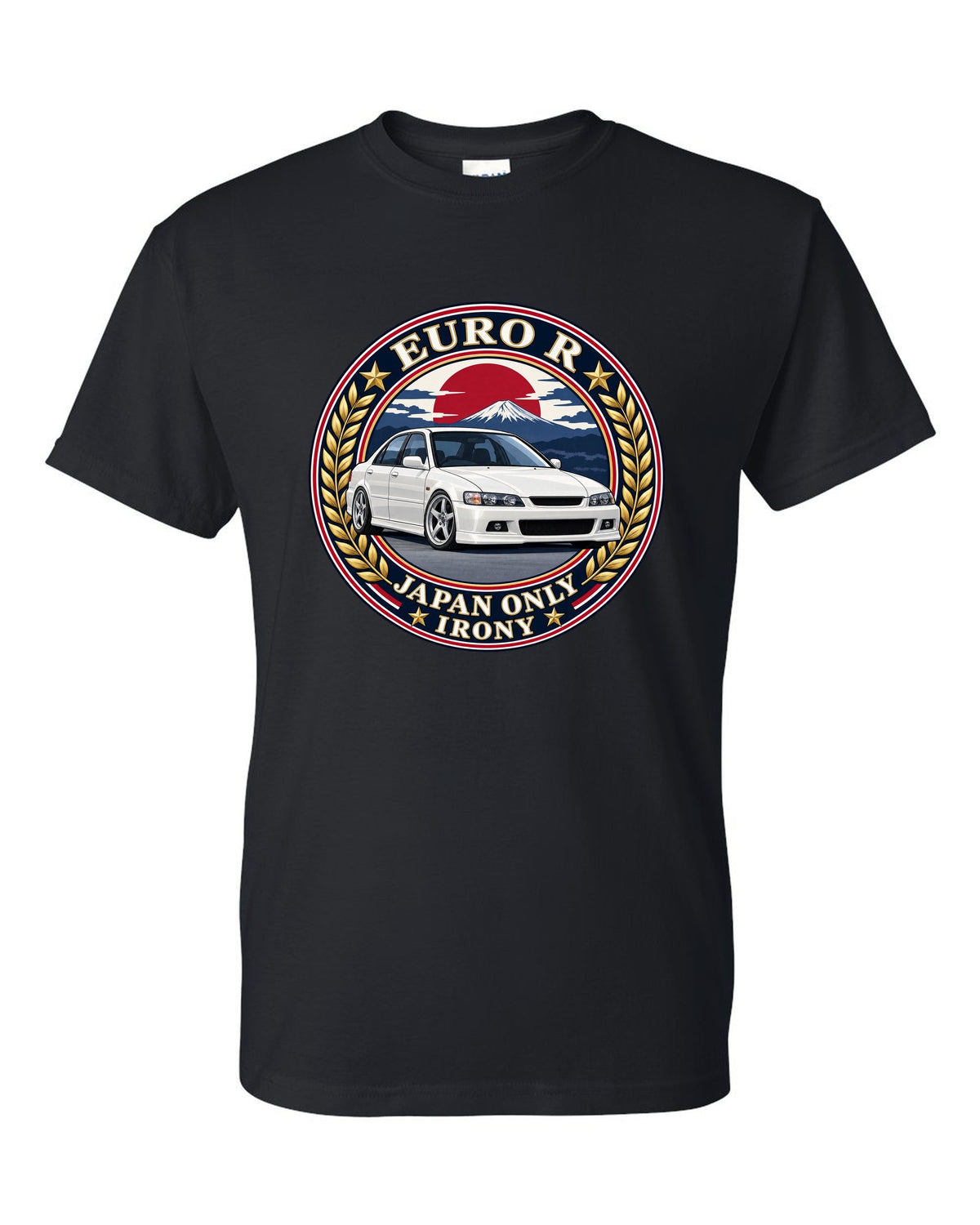 Crest layout print for the Honda Accord Euro R CL1 with Japan Only text black t-shirt front view with the design