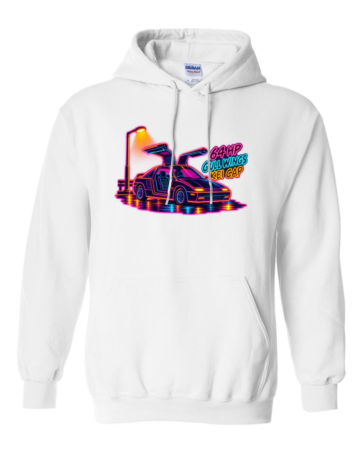 Neon synthwave line art print of an Autozam AZ-1 PG6SA with 64 HP gull wings kei cap lettering white pull over hoodie front view with the design