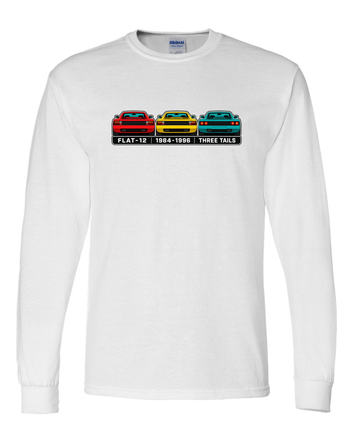 Flat colour infographic of Ferrari Testarossa, 512 TR and F512 M tail ends white long sleeve front view with the design