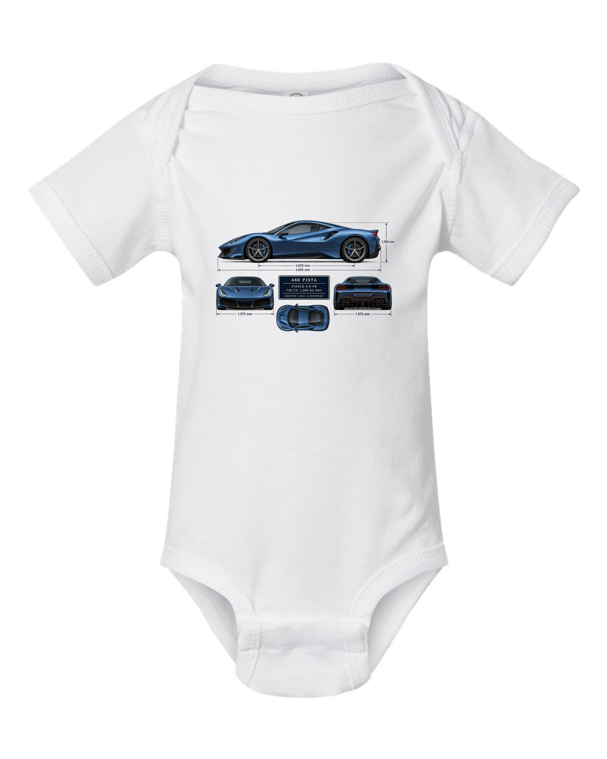 Blueprint print of the Ferrari 488 Pista in steel blue white baby onesie front view with the design