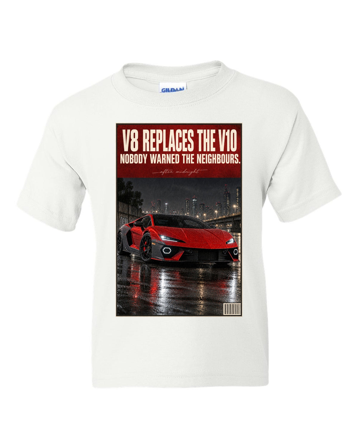 Night street print of the Lamborghini Temerario white kids tee front view with the design