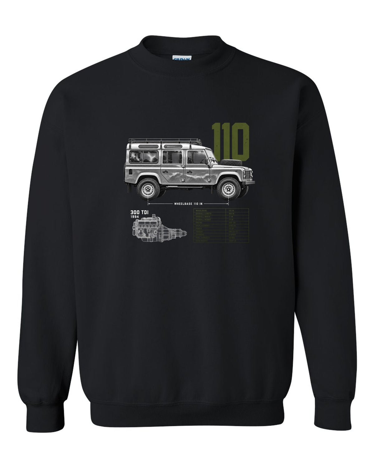 Land Rover Defender 110 spec poster print with 300 Tdi 1994 text black crewneck front view with the design