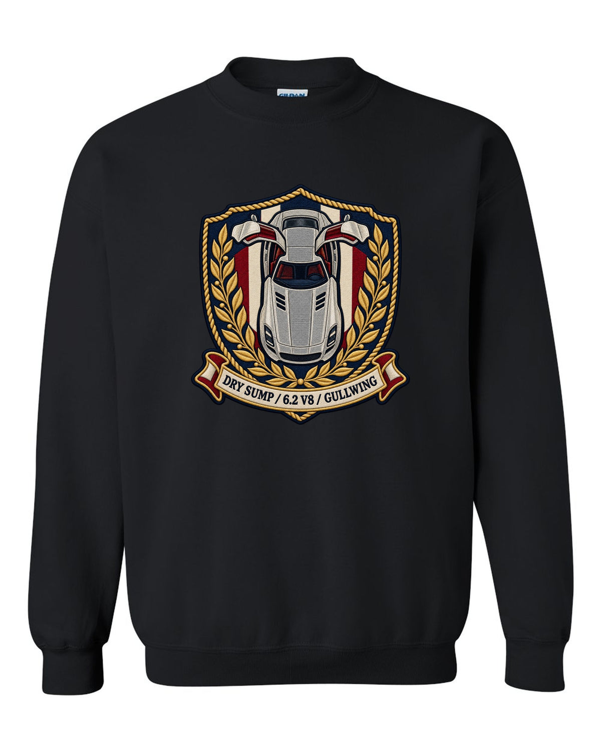 Embroidery style shield crest showing an overhead Mercedes SLS AMG C197 with gullwing doors open black crewneck front view with the design