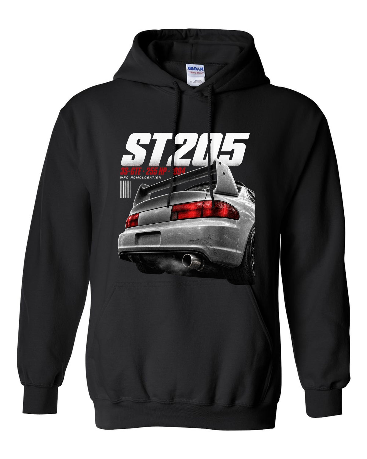 Macro detail of the Toyota Celica GT-Four ST205 rear wing with 3S-GTE text black pull over hoodie front view with the design