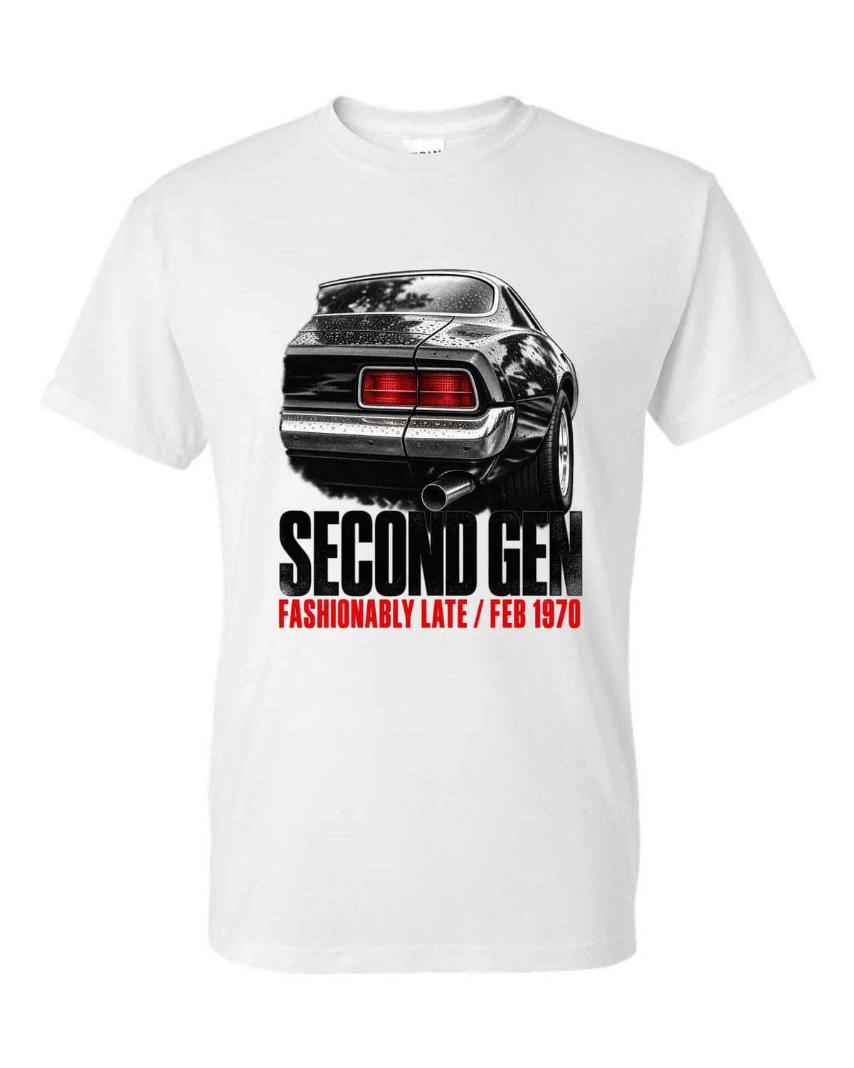 Taillight macro print of a 1970 second-gen Chevrolet Camaro split bumper with Feb 1970 caption white t-shirt front view with the design