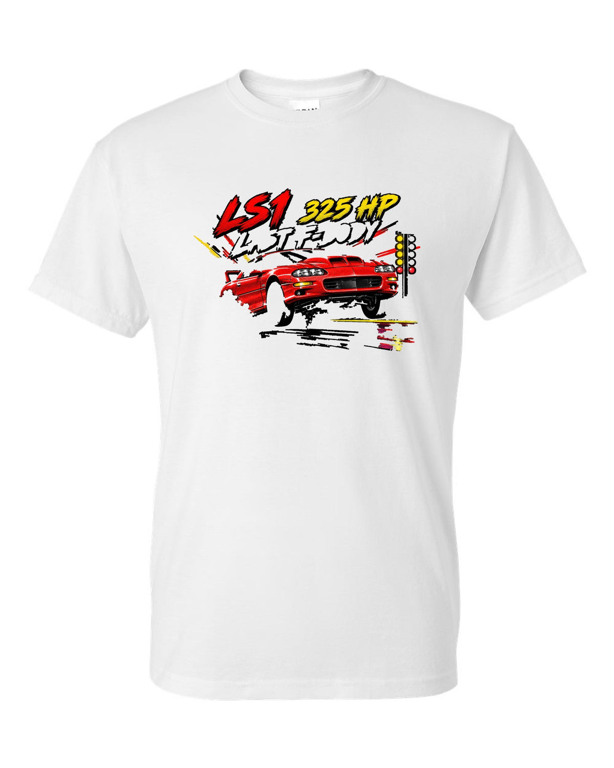 2002 Chevrolet Camaro SS LS1 retro manga halftone panel print white t-shirt front view with the design