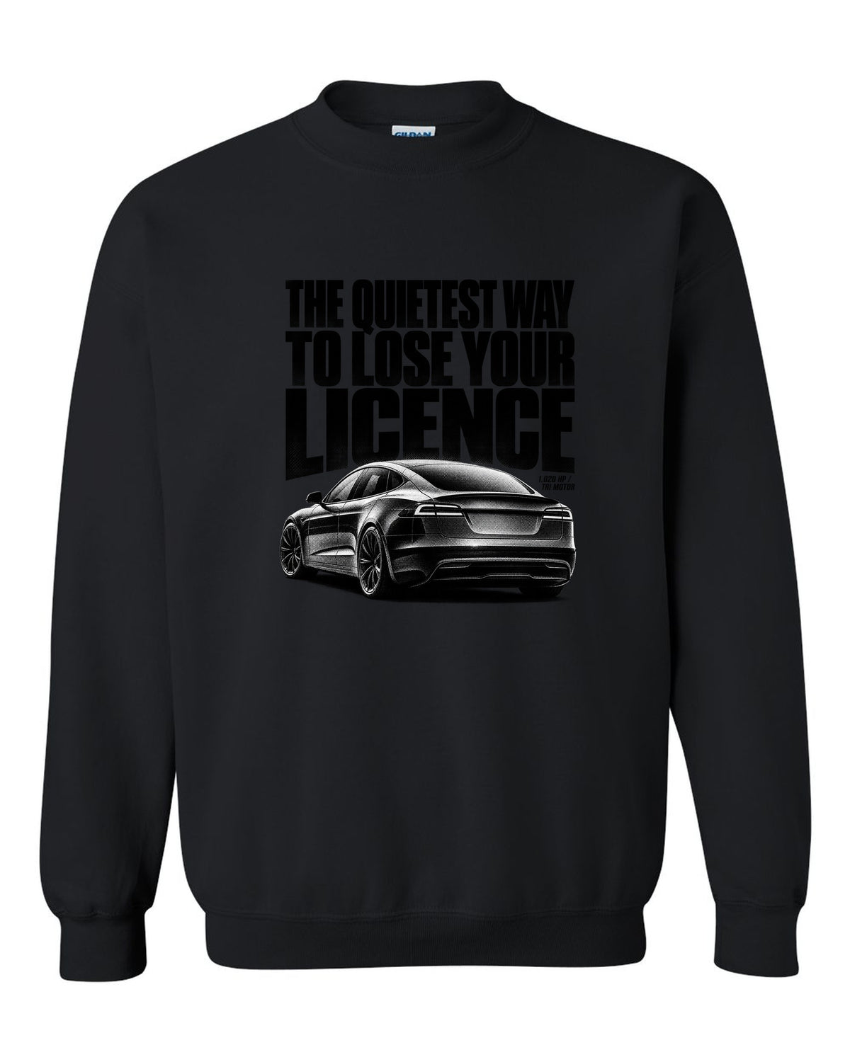 Halftone print of a Tesla Model S Plaid rear three-quarter view black crewneck front view with the design