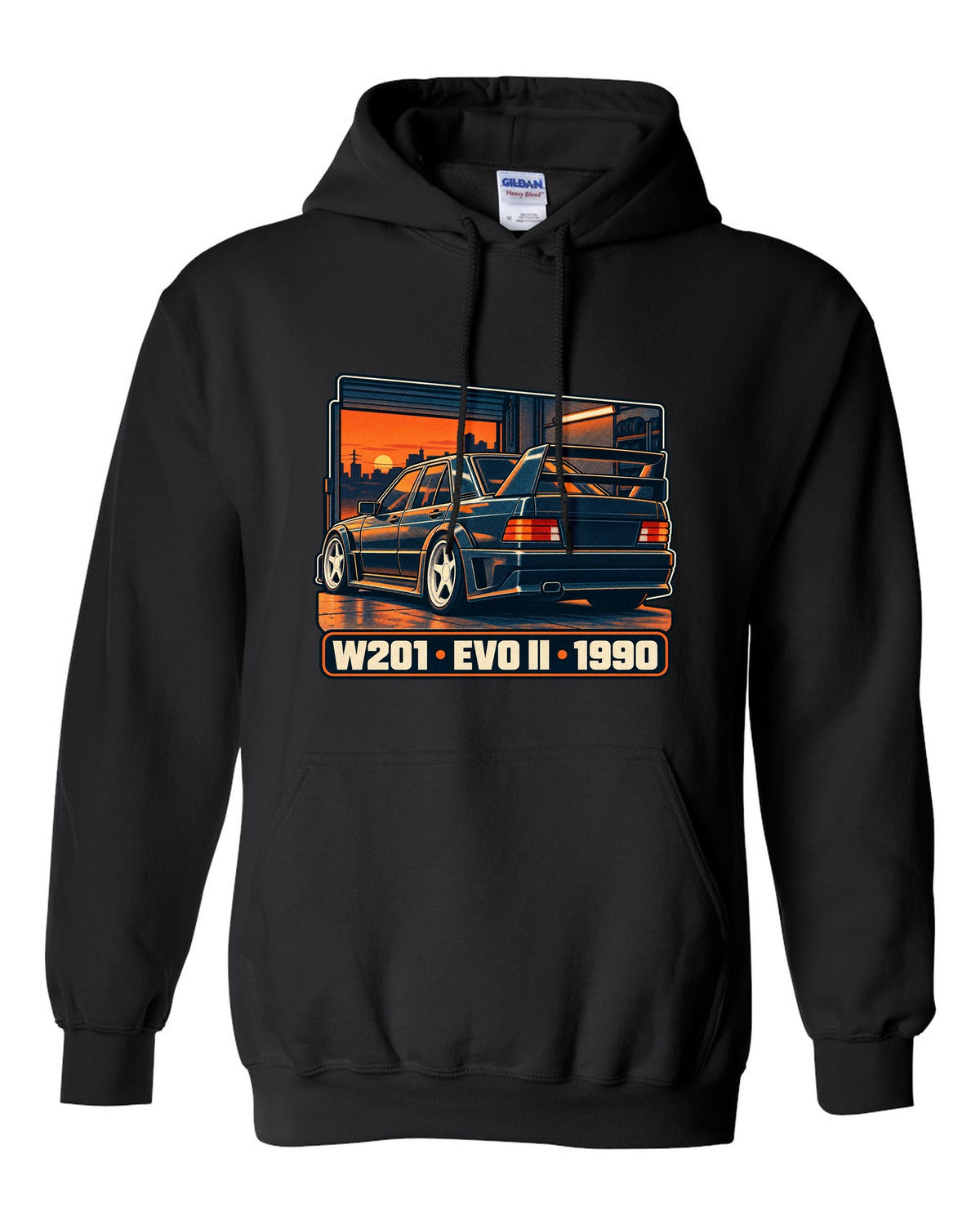 Risograph two-colour halftone print of a Mercedes-Benz 190E Evo II W201 in a garage at dusk black pull over hoodie front view with the design