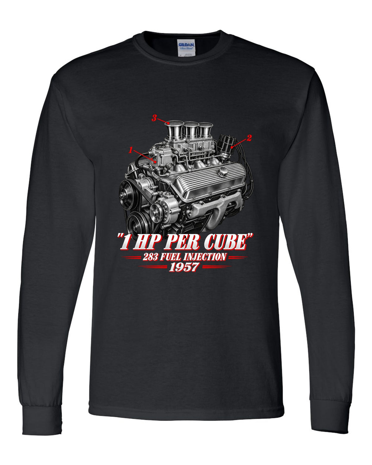 Chevrolet Corvette C1 1957 fuel-injected 283 engine print black long sleeve front view with the design
