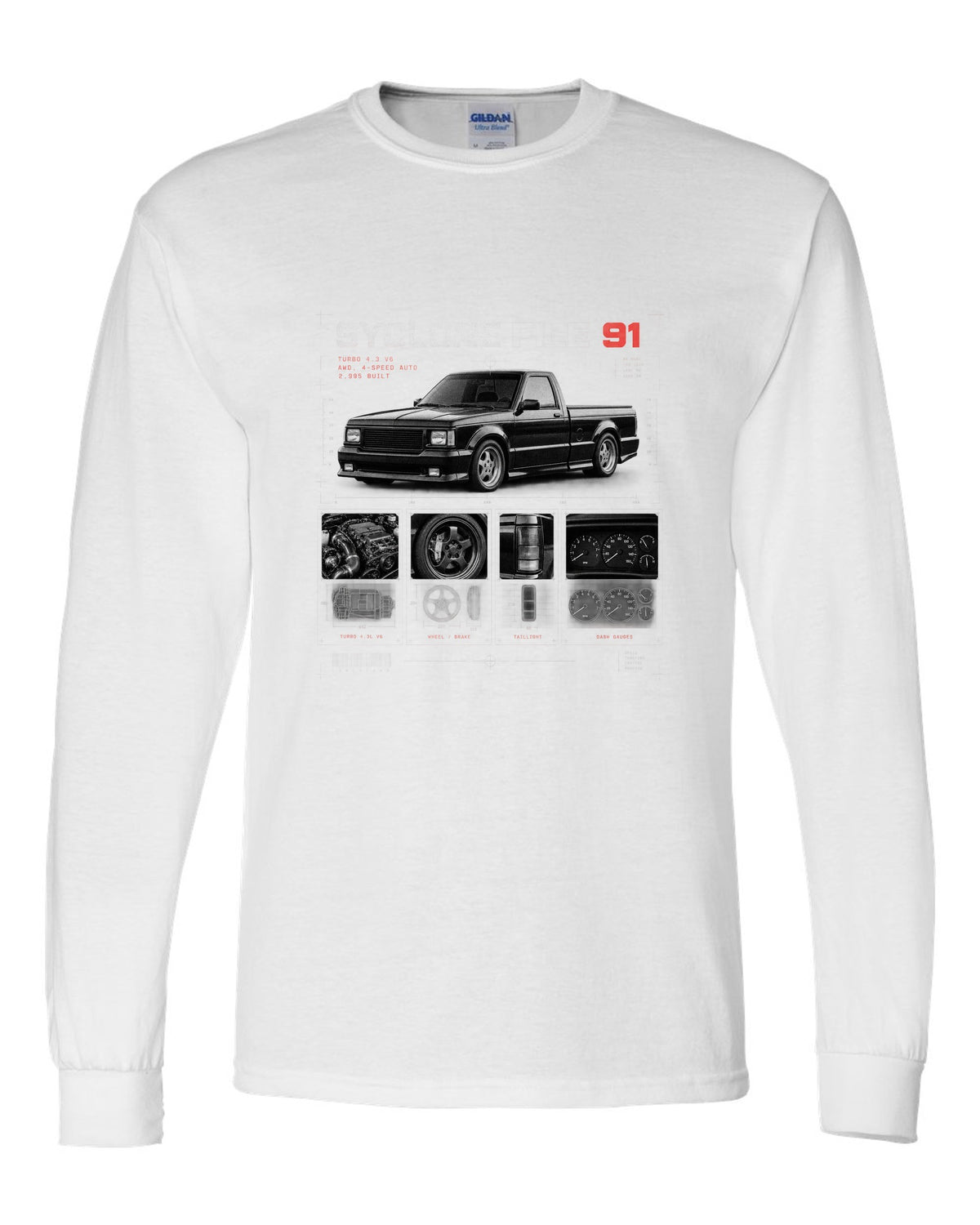 Dossier panel print of a 1991 GMC Syclone with turbo 4.3 V6 and 2,995 built text white long sleeve front view with the design
