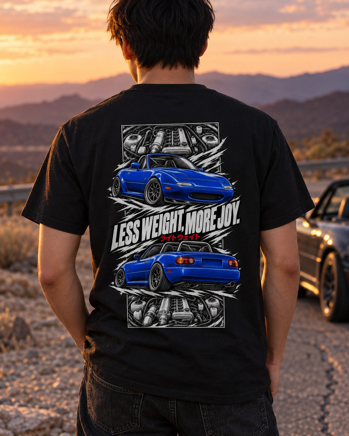 Mazda MX-5 Miata Na Torn Poster Full-Back Graphic Tee T-Shirt Black worn hero