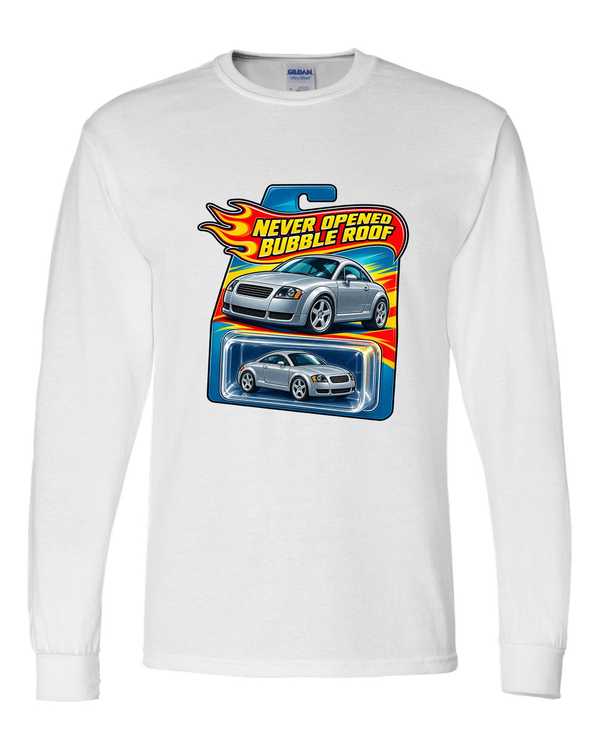 Toy blister card style print of an Audi TT 8N with Never Opened text white long sleeve front view with the design