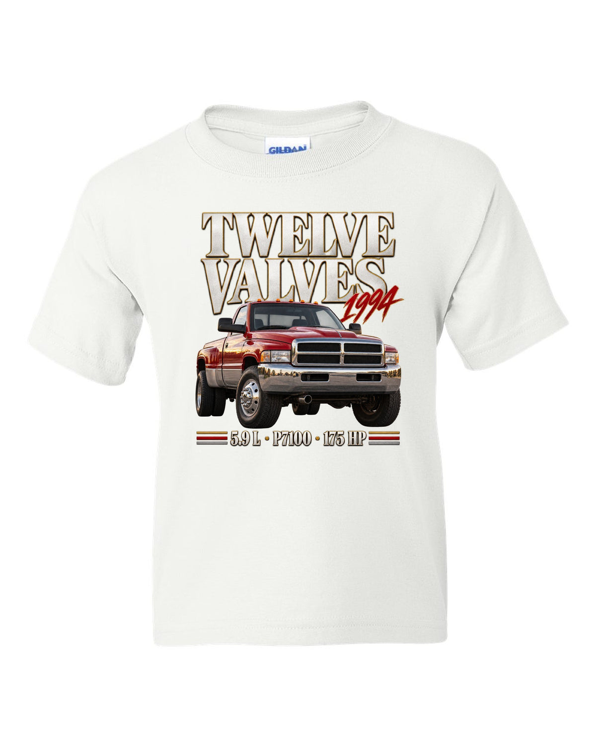 Editorial print of a 1994-98 Ram 2500 Cummins 5.9 12V with P7100 pump lettering white kids tee front view with the design