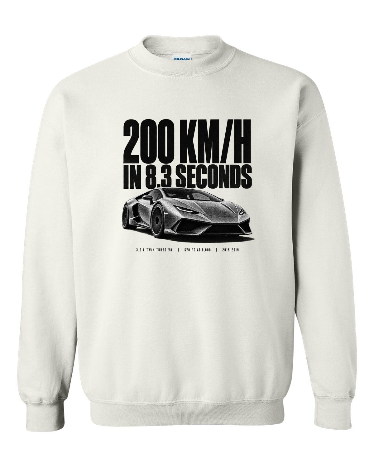 Halftone print of a Ferrari 488 GTB front three-quarter with the text 200 km/h in 8.3 seconds white crewneck front view with the design