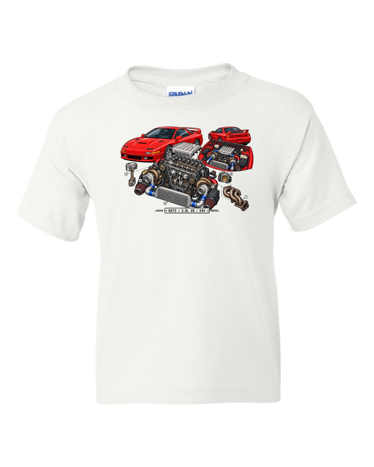 Exploded engine cutaway print of the 6G72 V6 for the Mitsubishi 3000GT VR-4 with 3.0L 24V text white kids tee front view with the design