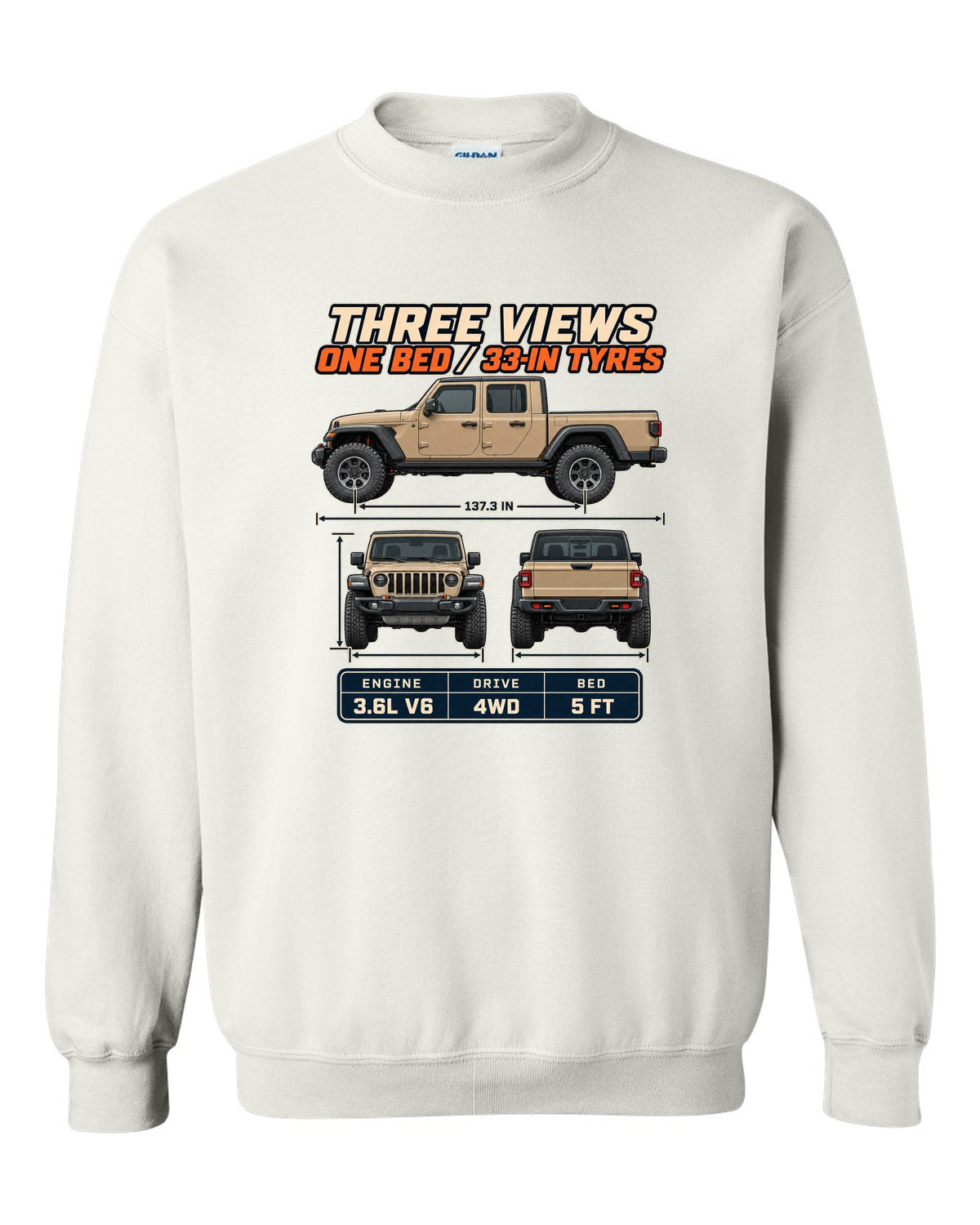 Three-view drawing with spec table print of the Jeep Gladiator Mojave white crewneck front view with the design