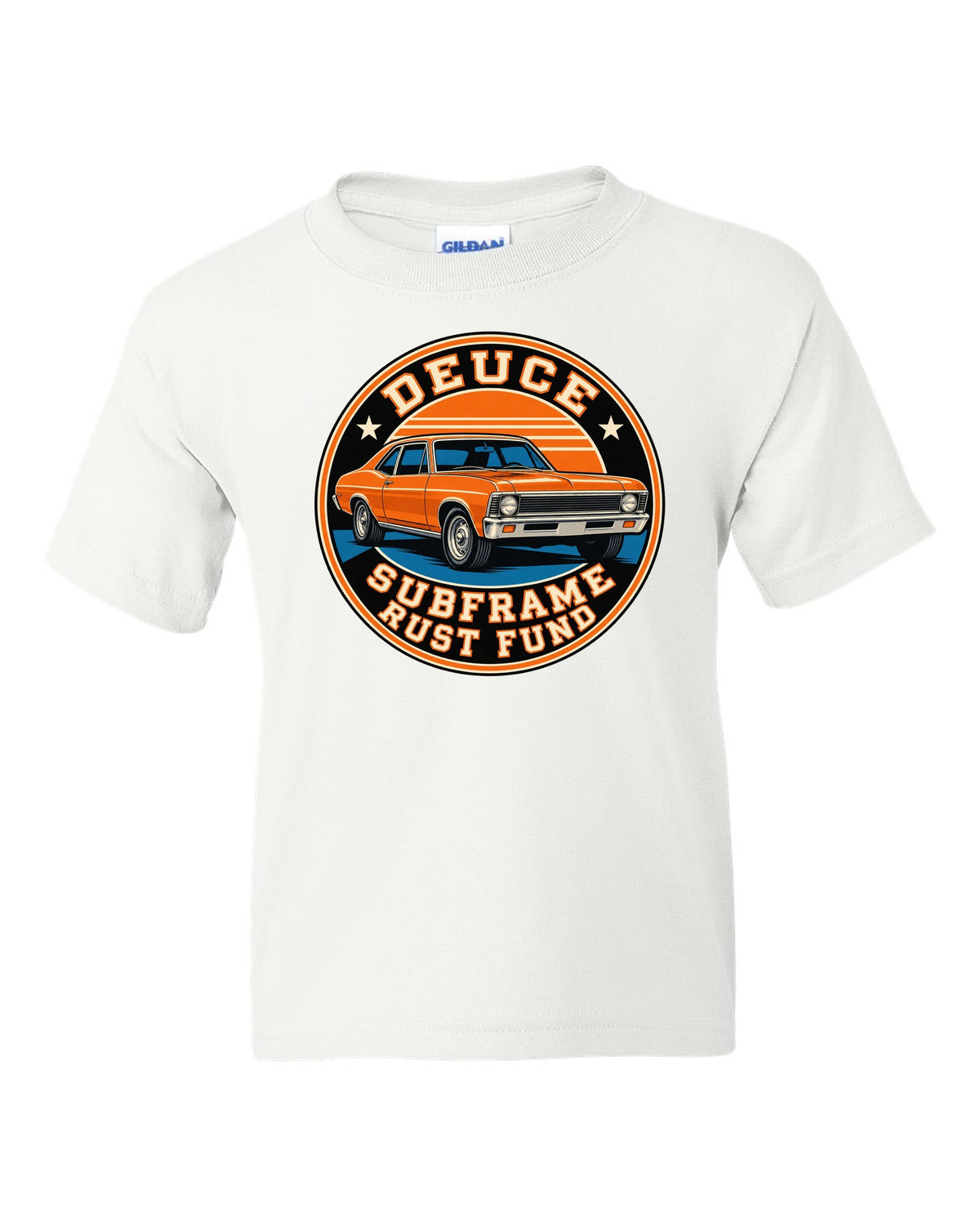 1968 Nova X-body in a round varsity crest with text Deuce Subframe Rust Fund white kids tee front view with the design