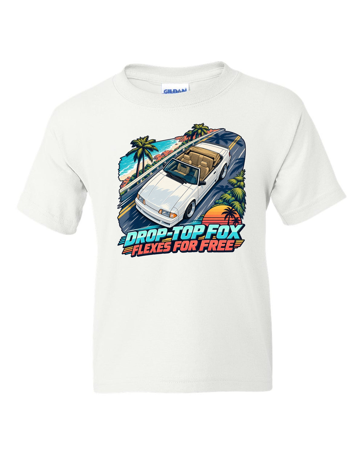 Cel-shaded anime print of a Ford Mustang Fox Body convertible seen from above white kids tee front view with the design
