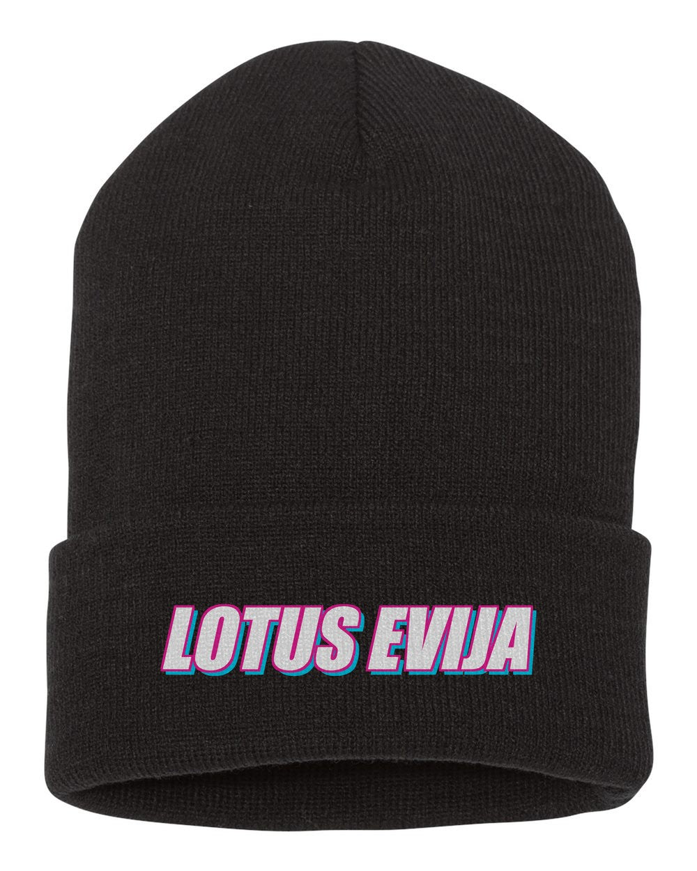 Lotus Evija black beanie front view with car name