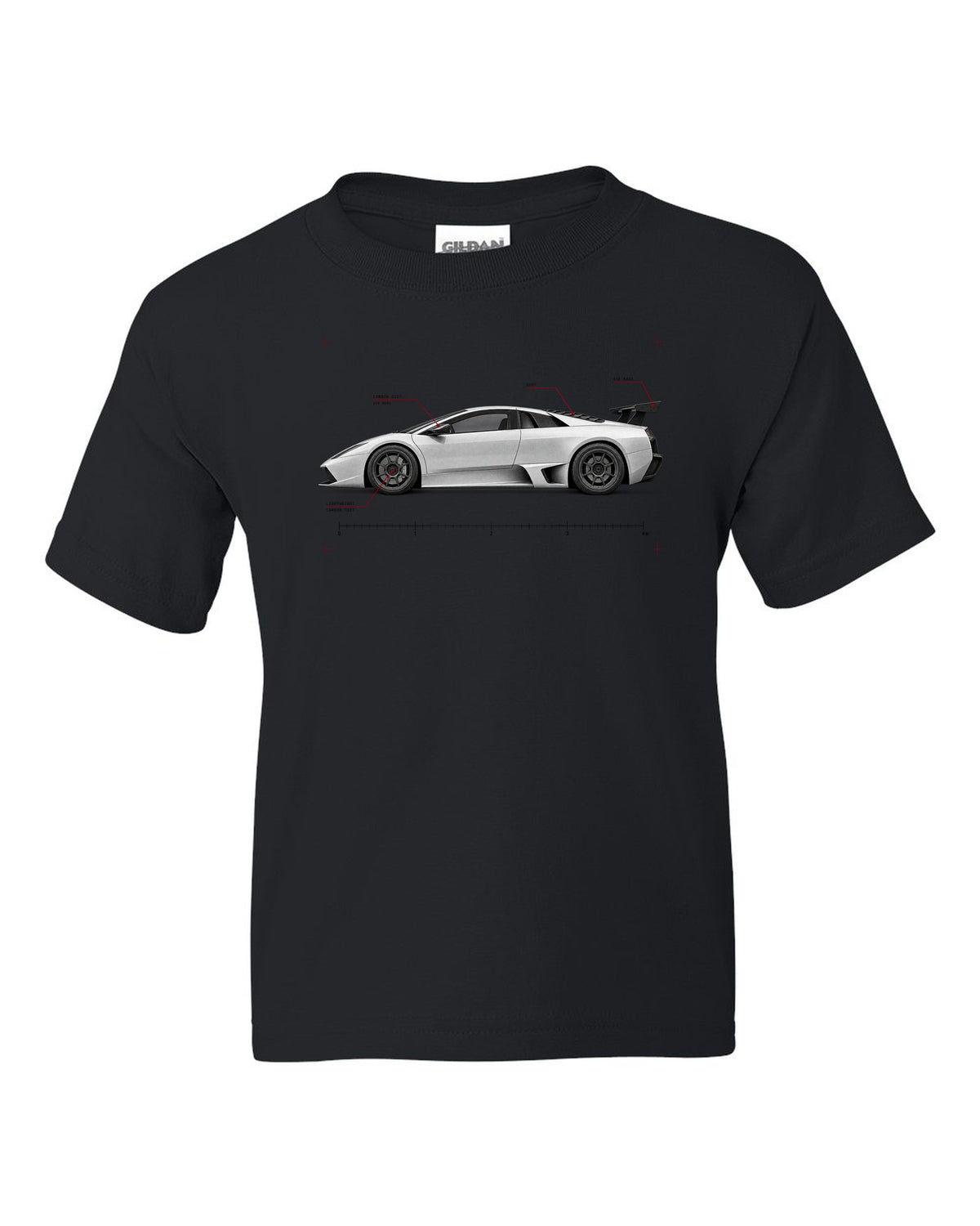 Spec poster print of a Lamborghini Gallardo Superleggera with 618 made and Carbon Diet text black kids tee front view with the design