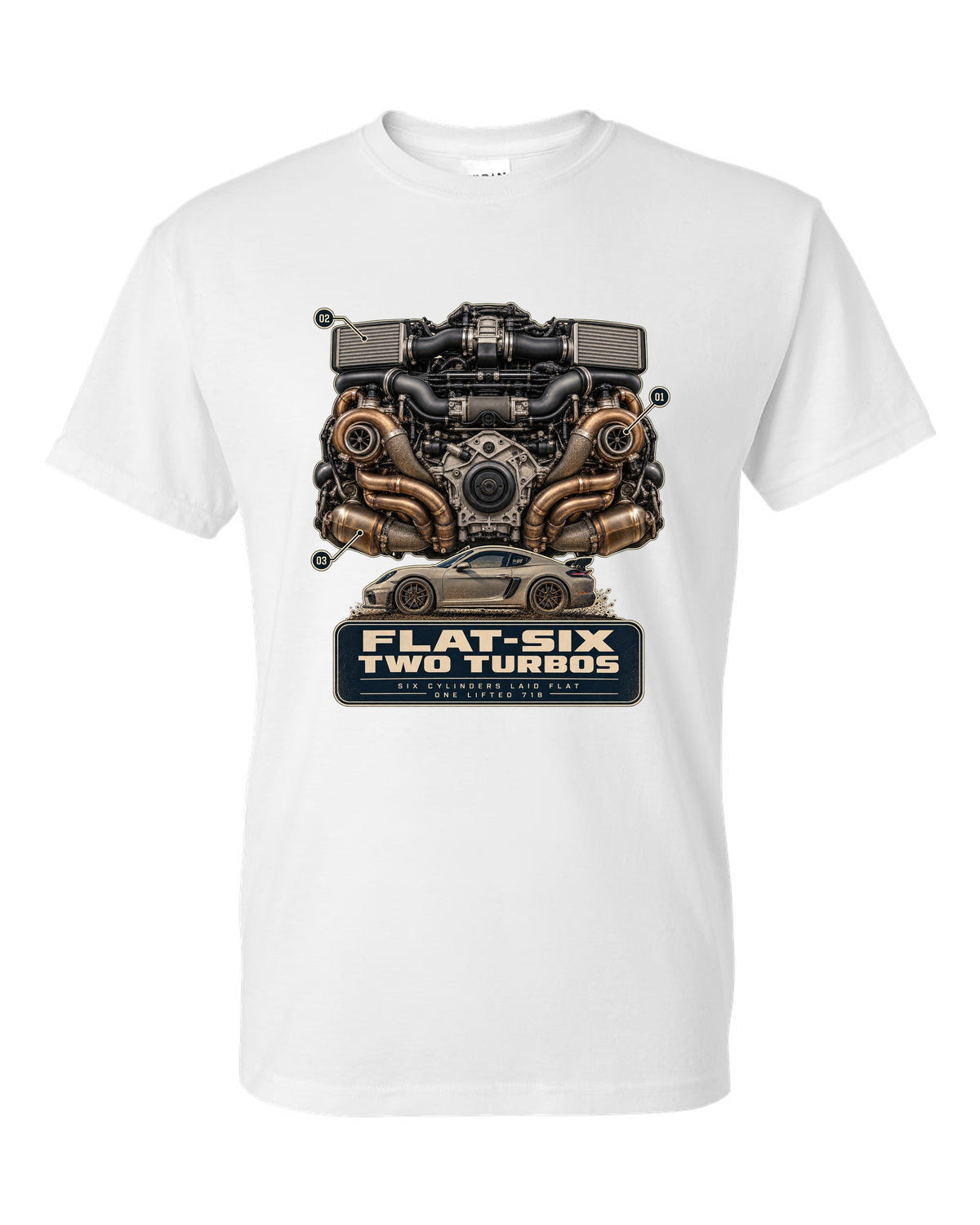 Engine hero print of a Porsche 911 Dakar 992 flat-six with two turbos white t-shirt front view with the design