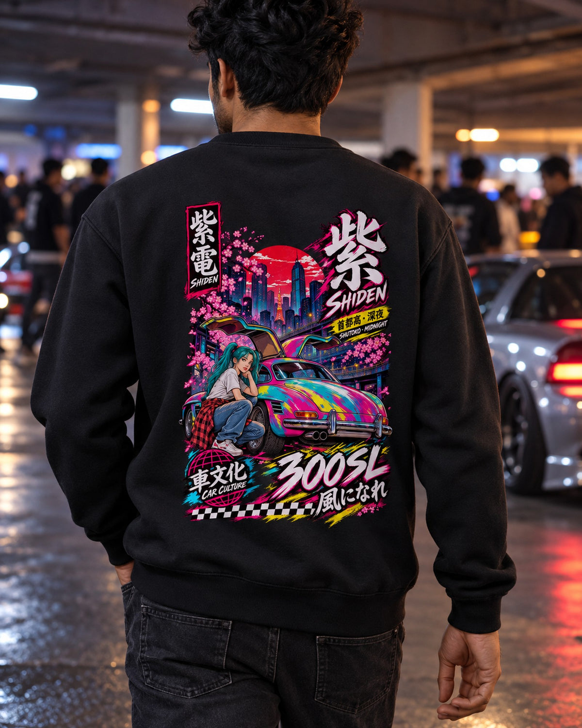 SHIDEN 300SL Anime Girl Full-Back Graphic Tee Crewneck Black worn hero