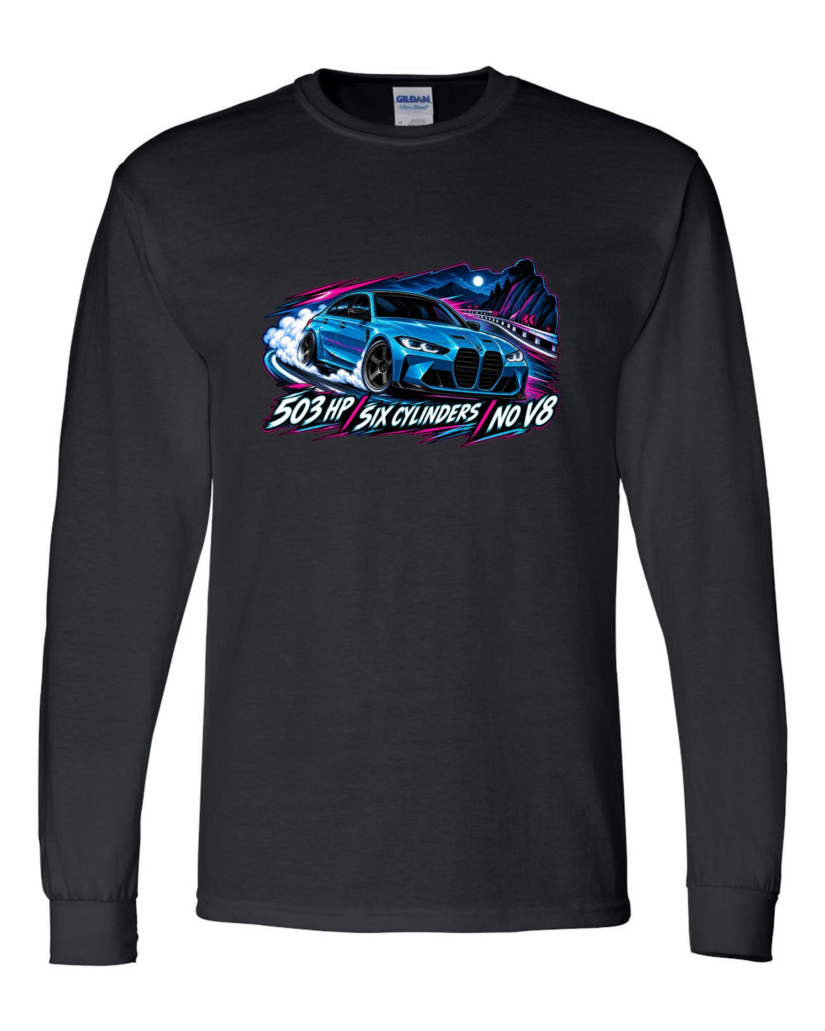 BMW G80 M3 Competition cel-shaded anime night touge print with 503 HP text black long sleeve front view with the design
