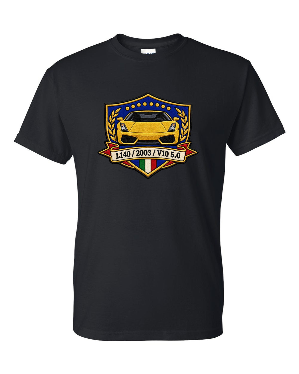 Embroidery-style crest for a 2003 Lamborghini Gallardo L140 with V10 5.0 text black t-shirt front view with the design