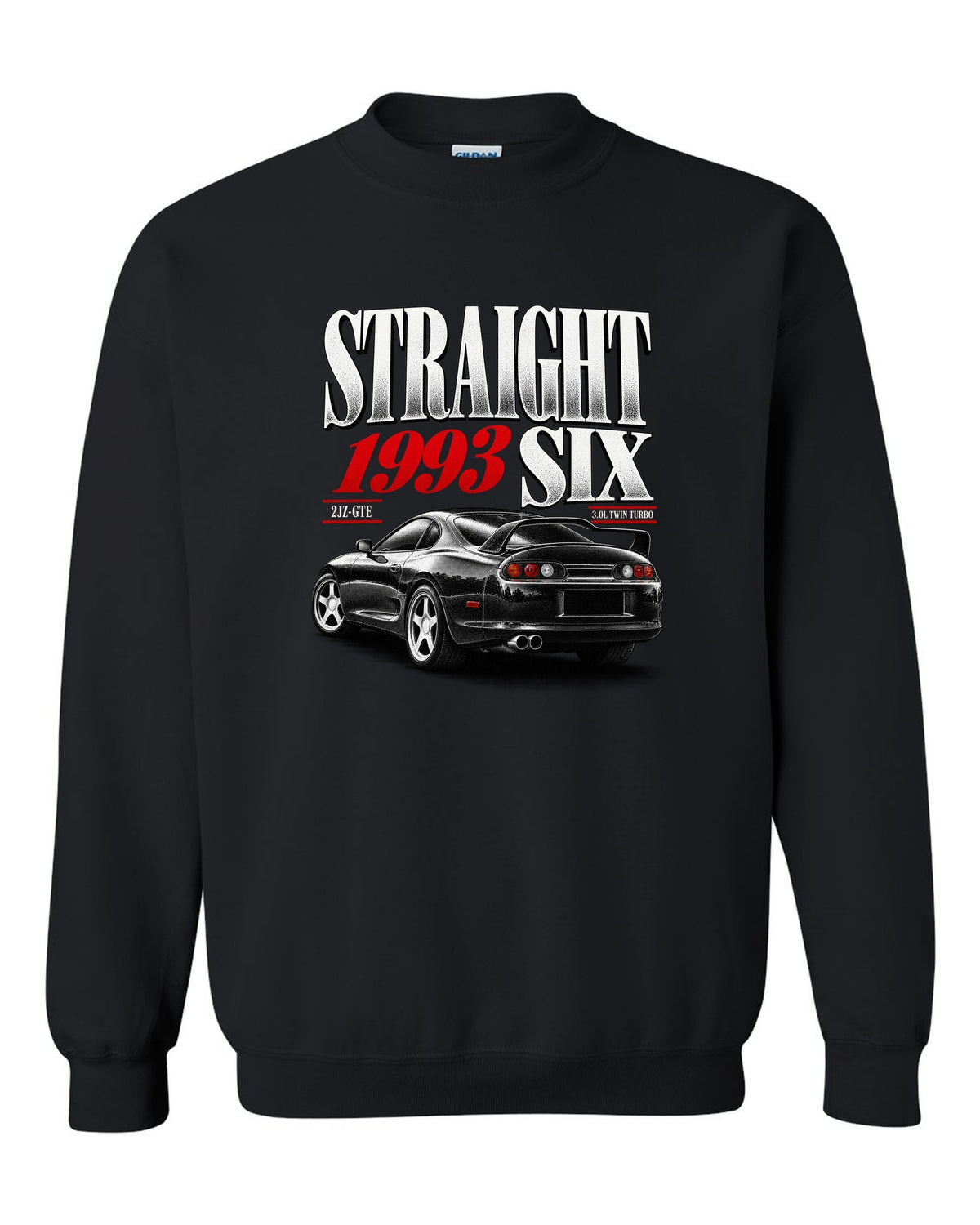 print of a Toyota Supra A80 JZA80 with straight six editorial headline and 2JZ-GTE twin turbo text black crewneck front view with the design