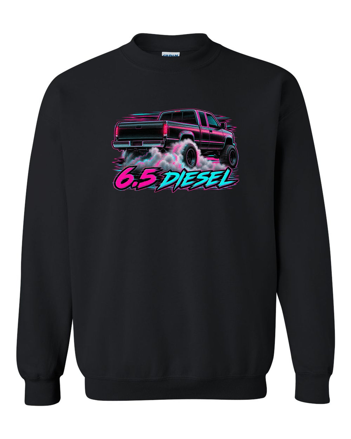 VHS glitch burnout print of a 1988-1998 Chevrolet GMT400 C2500 with 6.5 Diesel text black crewneck front view with the design