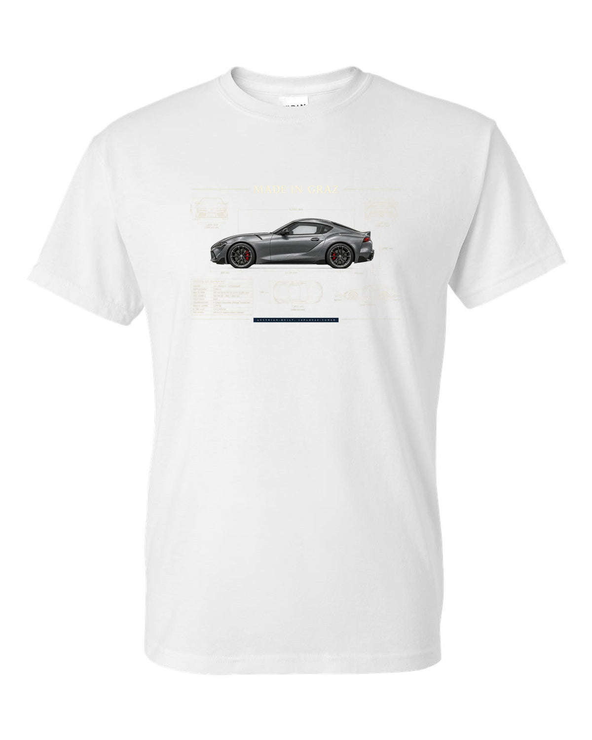 Steel blue Toyota GR Supra 3.0 with aero airflow callouts and 50:50 weight text white t-shirt front view with the design