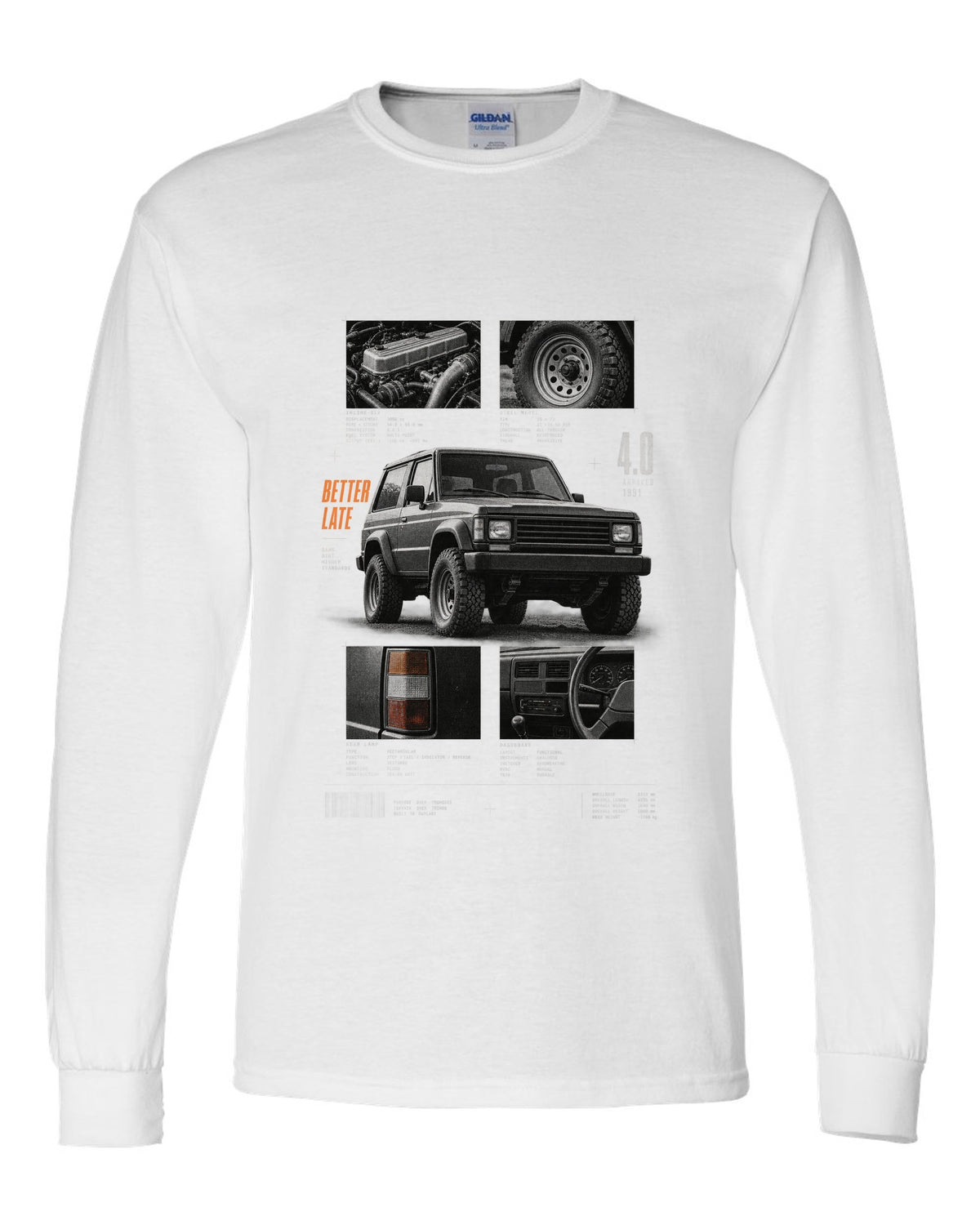 Dossier panel print for the Jeep Wrangler YJ 4.0, arrived 1991 white long sleeve front view with the design