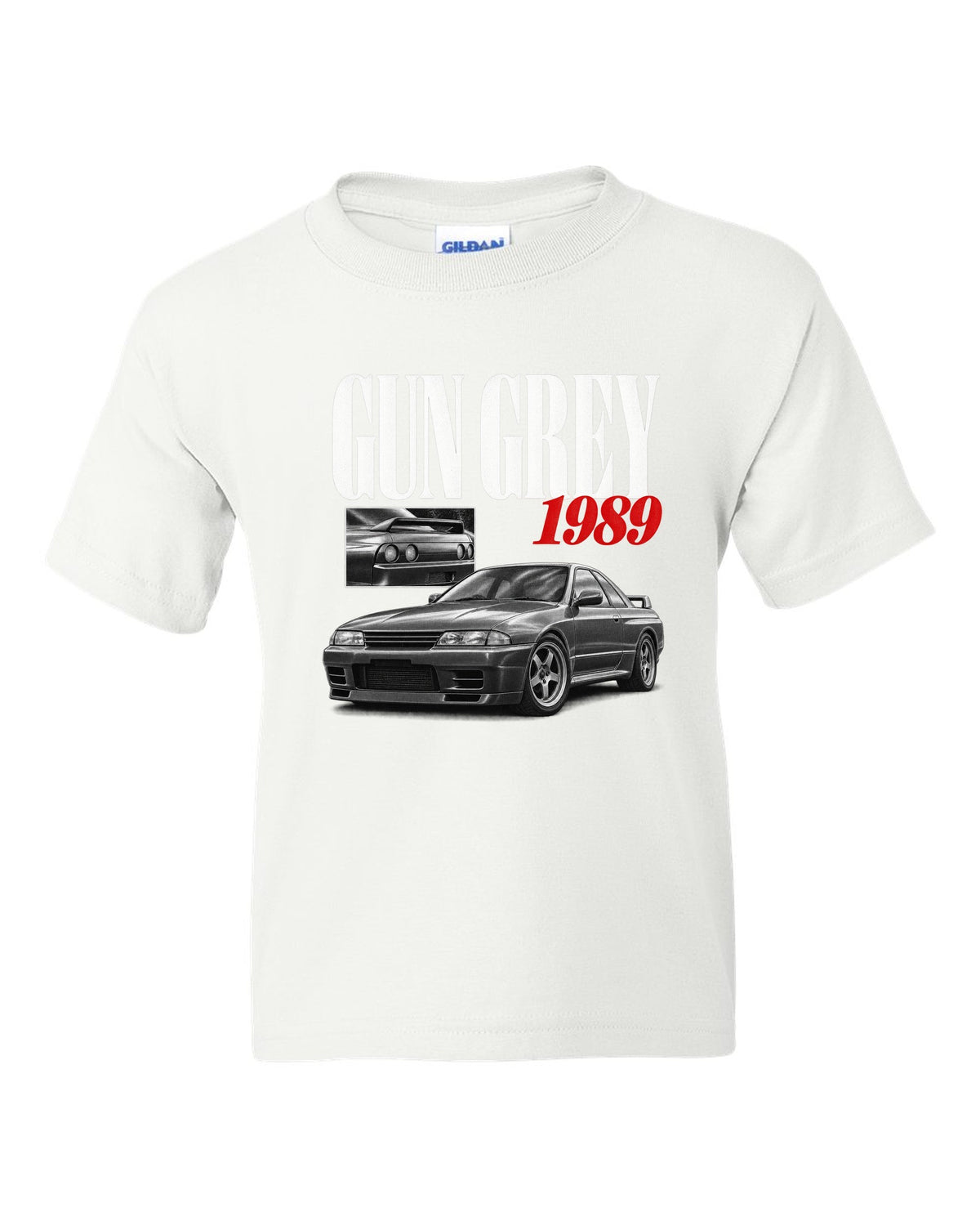 Editorial headline print of a Nissan Skyline GT-R R32 BNR32 in Gun Grey with 1989 text white kids tee front view with the design