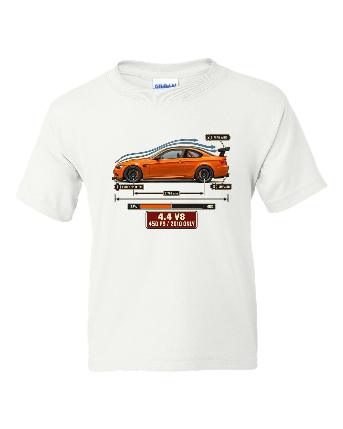 BMW M3 E92 GTS coupe aero callouts print white kids tee front view with the design