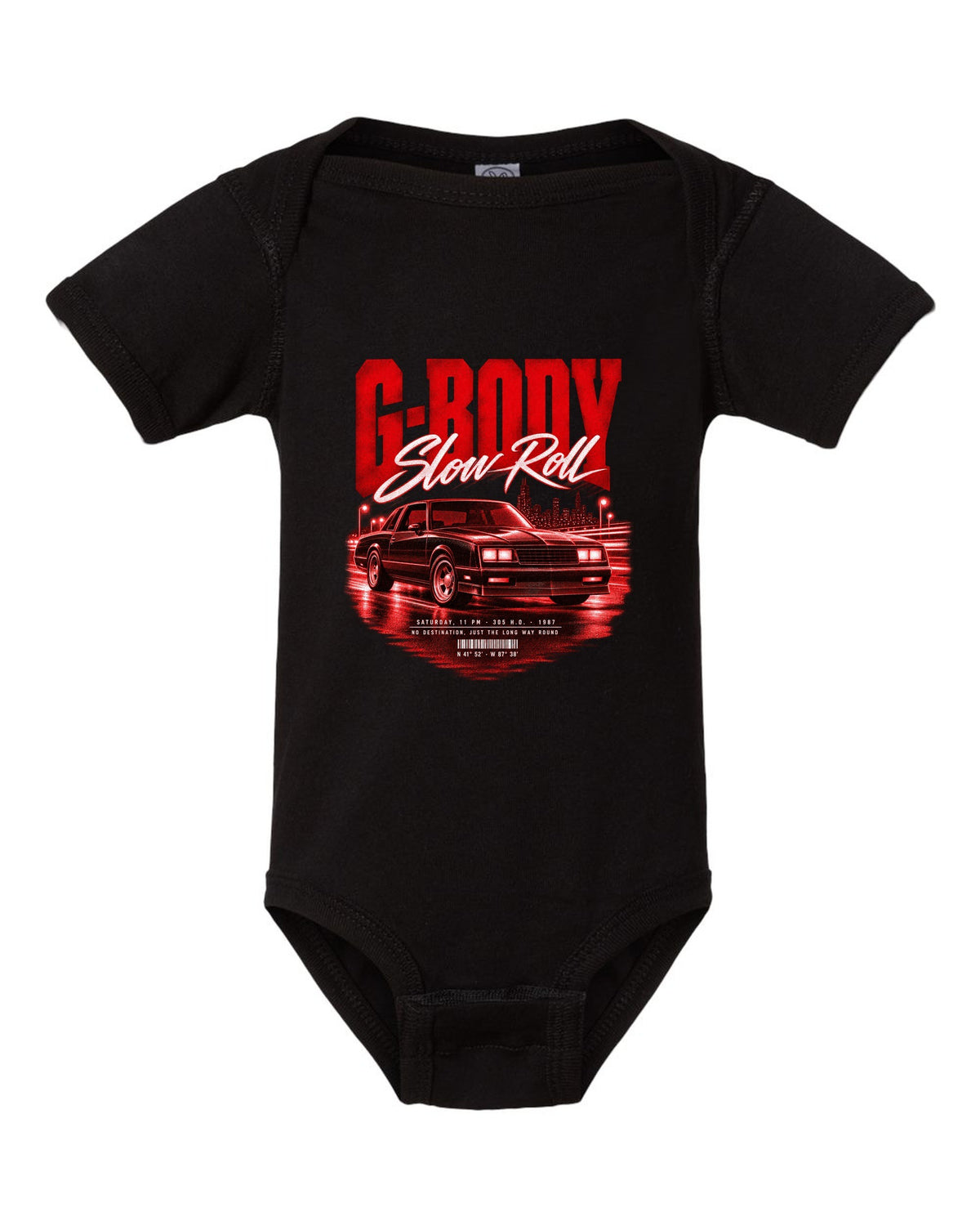 1987 Monte Carlo SS G-body street poster print with Slow Roll lettering black baby onesie front view with the design