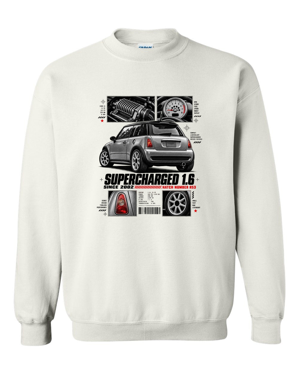 print of a Mini Cooper S R53 rear three-quarter view with detail panels and supercharged 1.6 text white crewneck front view with the design