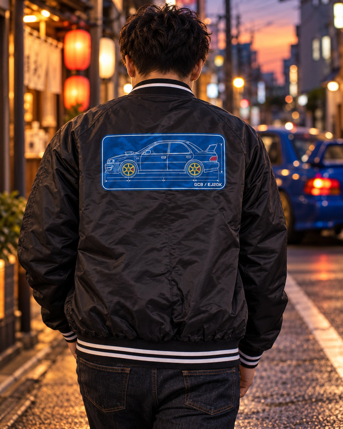Subaru Impreza WRX GC8 1999 Cyanotype Blueprint Shirt, EJ20K Bomber Jacket Black worn hero