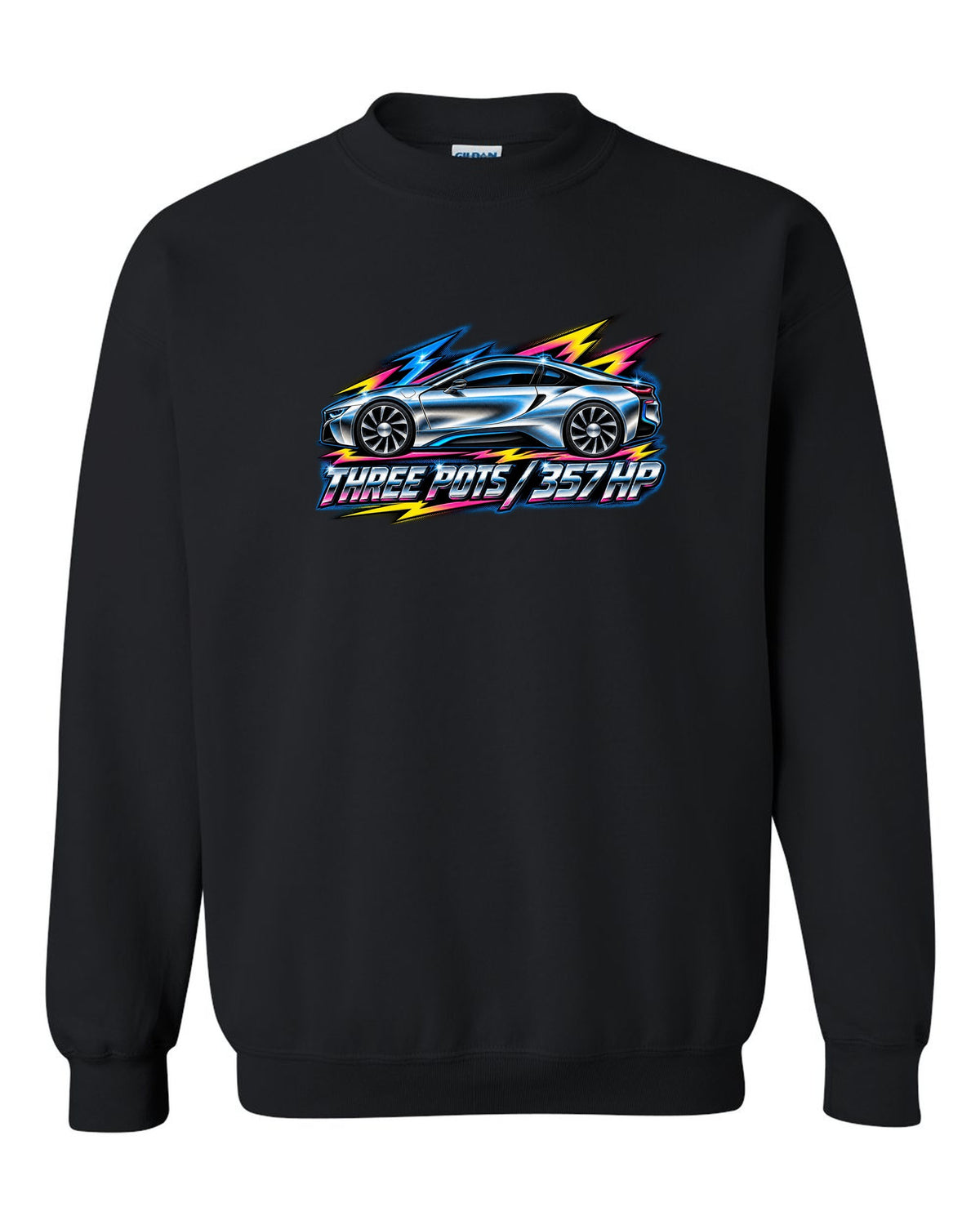 BMW i8 I12 80s airbrush chrome print with three pots 357 HP text black crewneck front view with the design